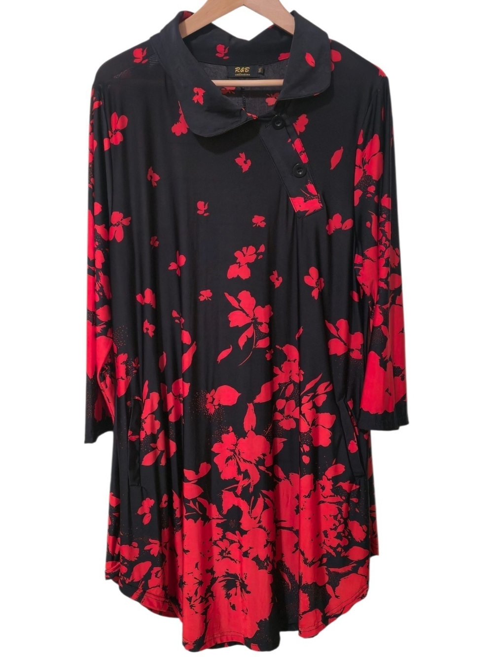 R & B Collection Black Red Floral Long Sleeve Swing Dress 1XL Office Event Flowy